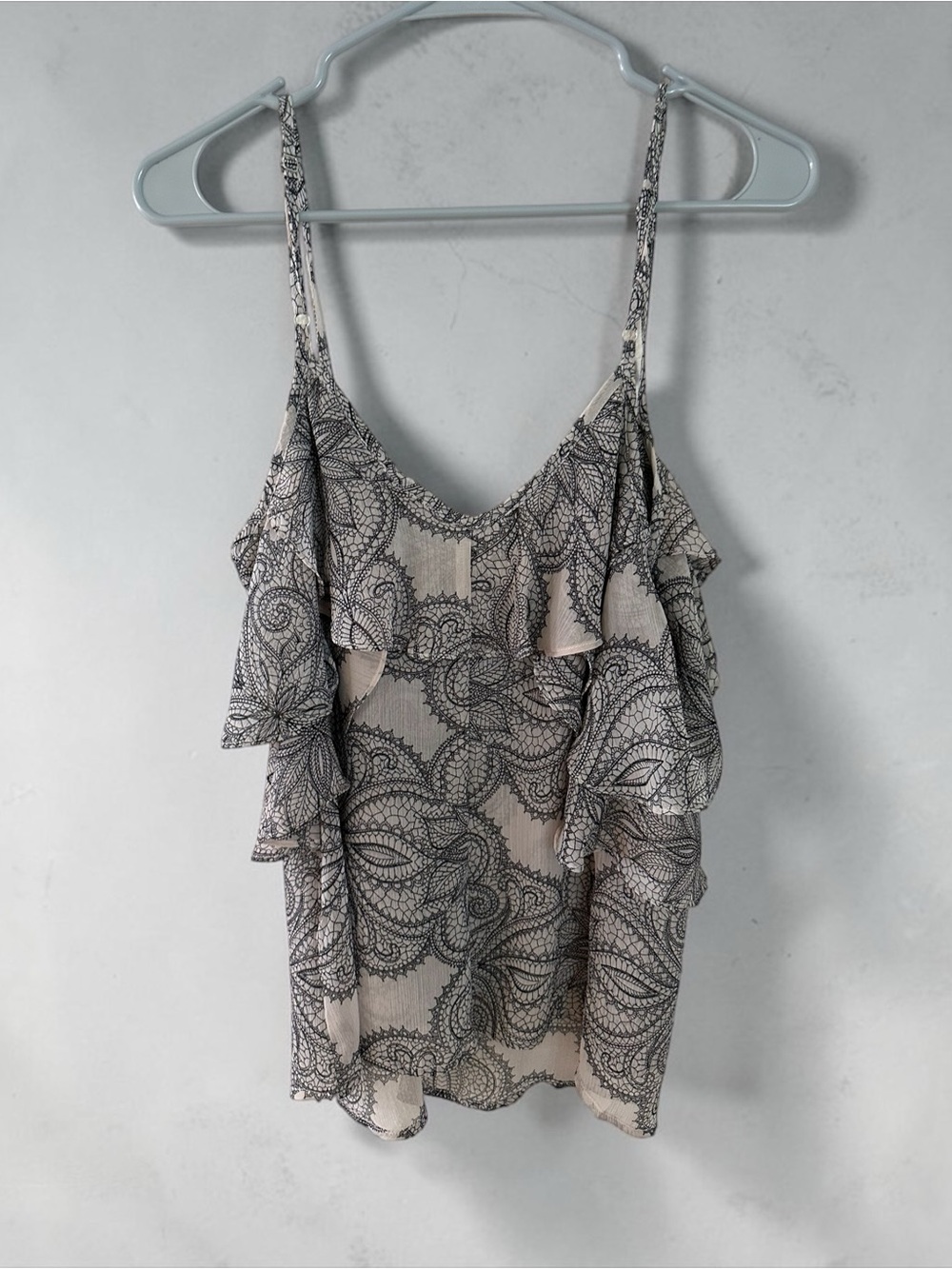 lovestitch Neutral Lace-Print Ruffle Camisole in Black and Cream
